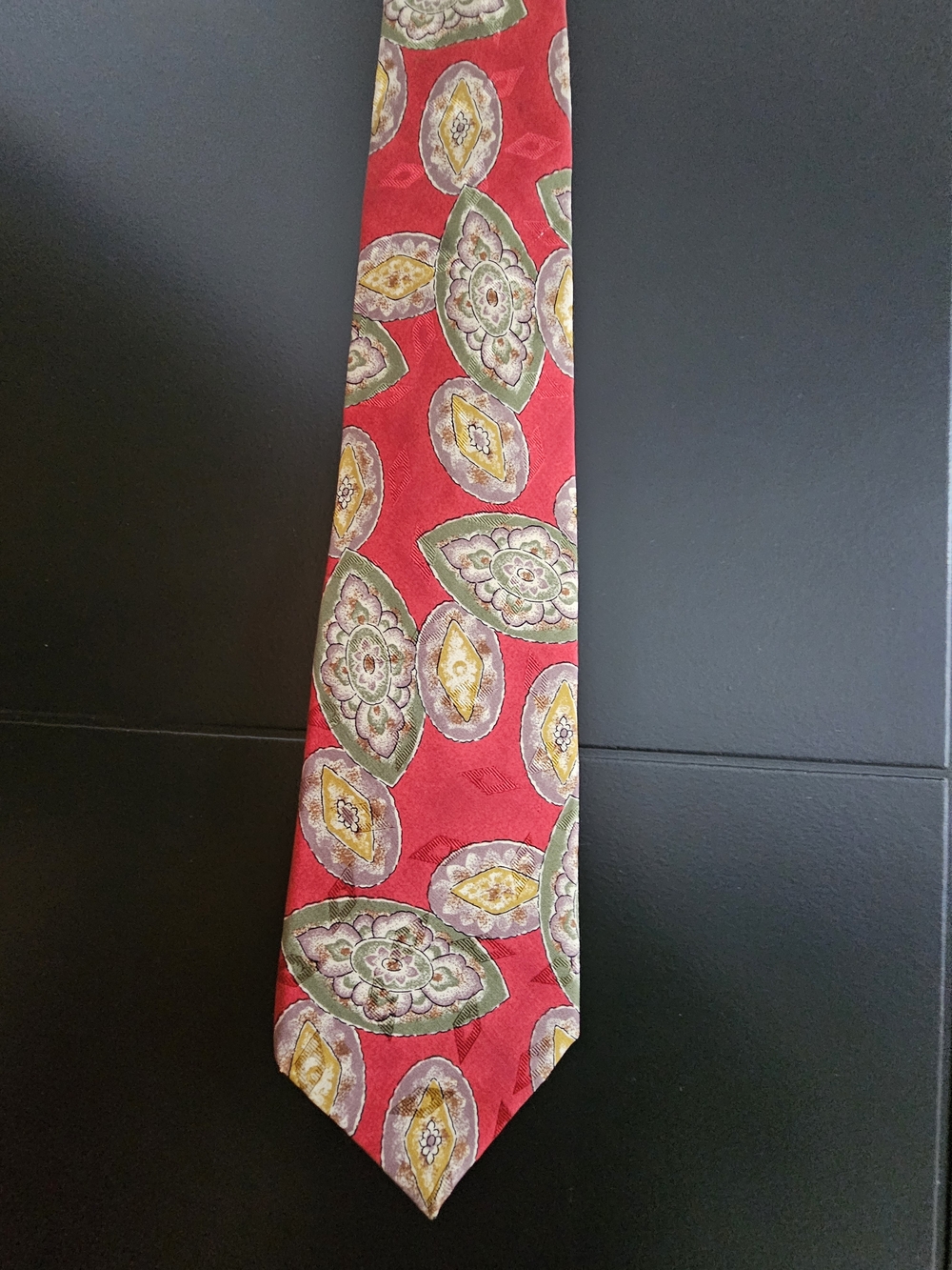 Guy Laroche Red Silk Tie with Green and Yellow Medallion Pattern